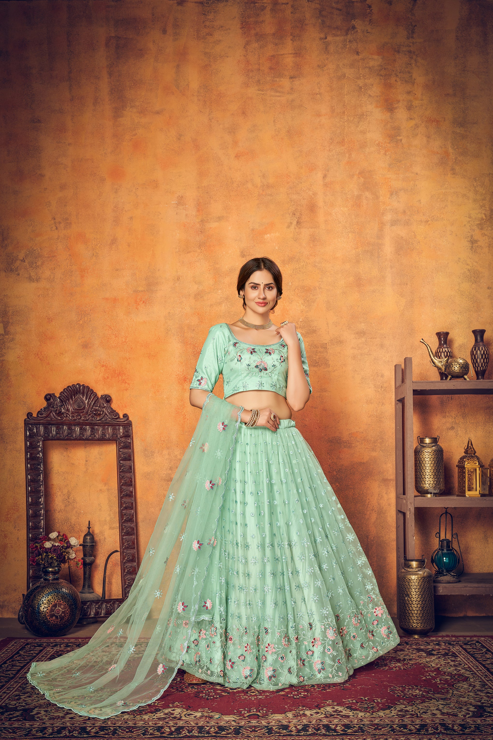 Mint Green Thread Embroidered Net Festival Lehenga Choli ClothsVilla