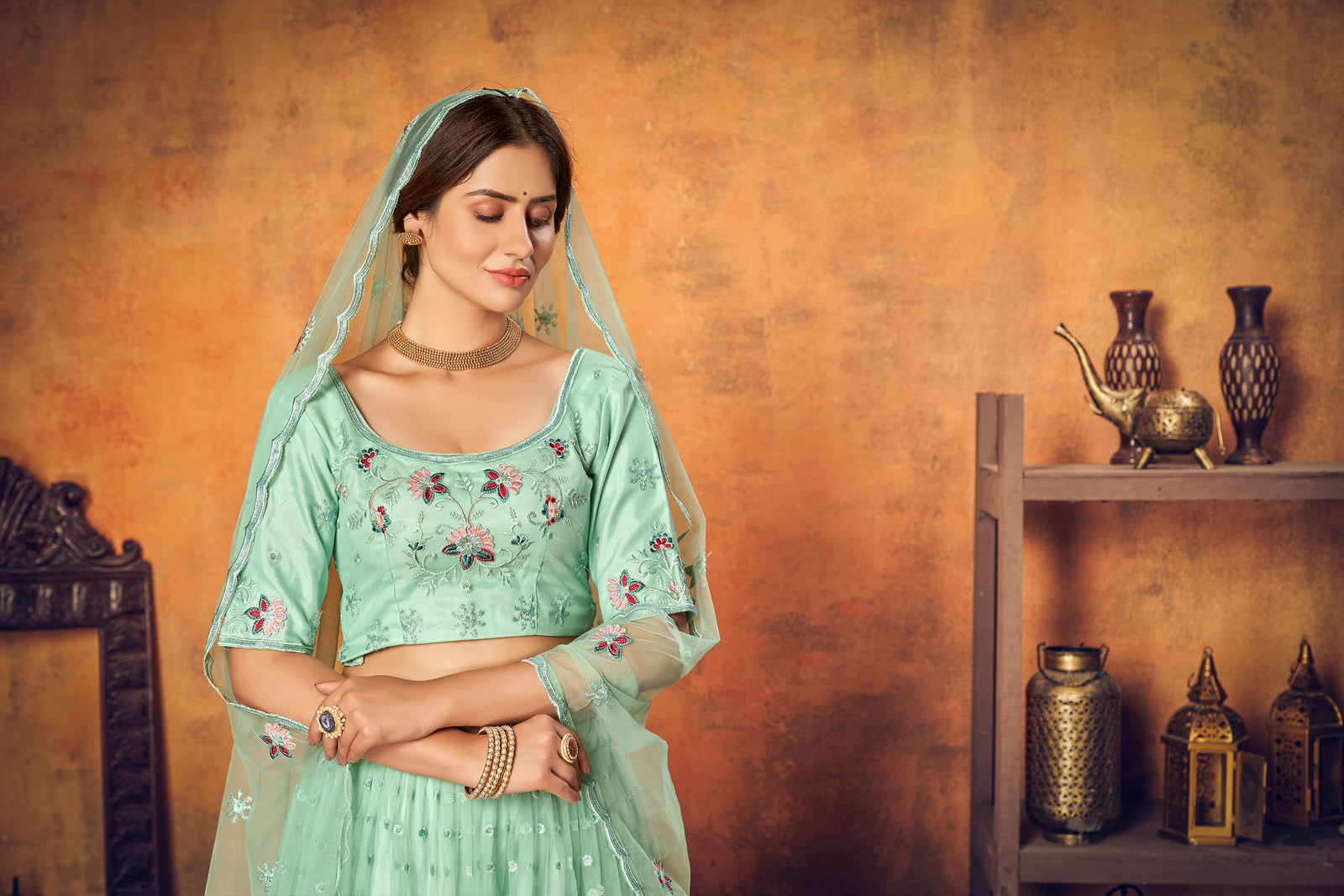 Mint Green Thread Embroidered Net Festival Lehenga Choli ClothsVilla