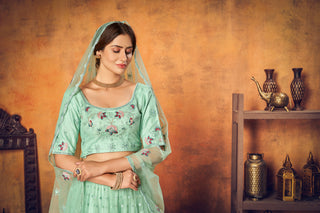 Mint Green Thread Embroidered Net Festival Lehenga Choli ClothsVilla