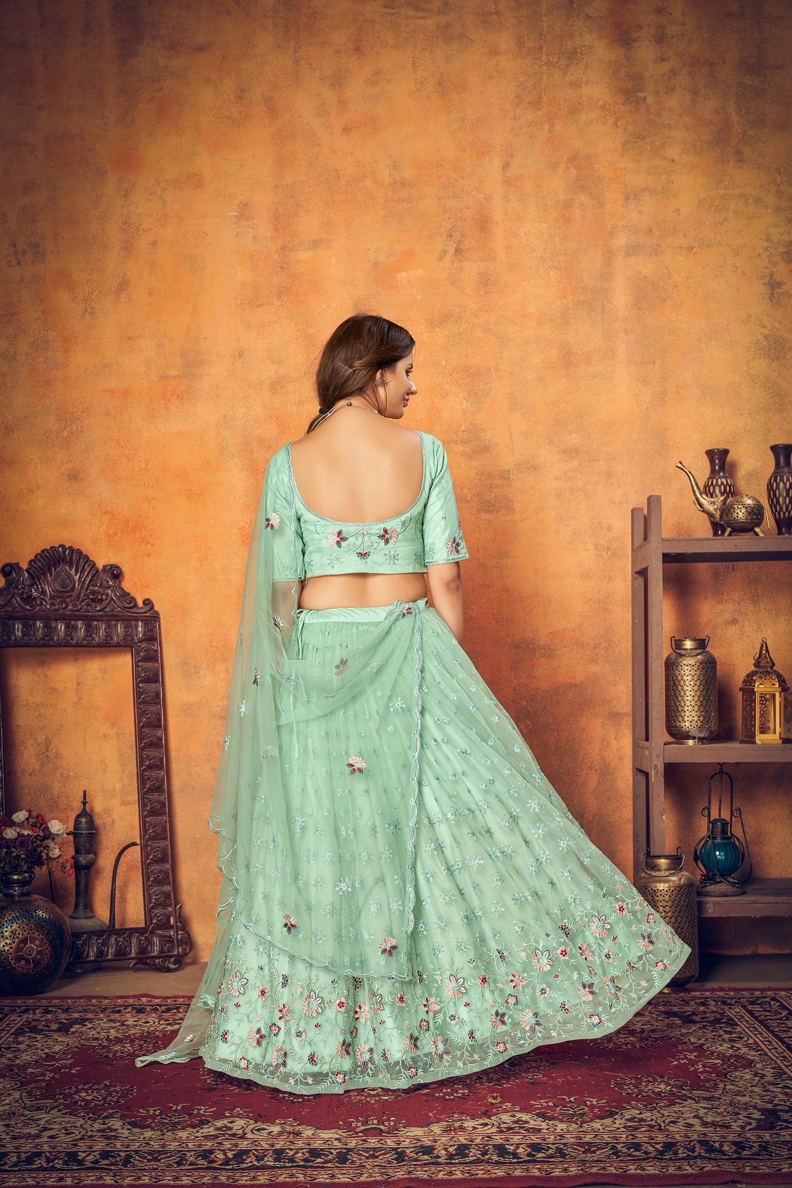 Mint Green Thread Embroidered Net Festival Lehenga Choli ClothsVilla