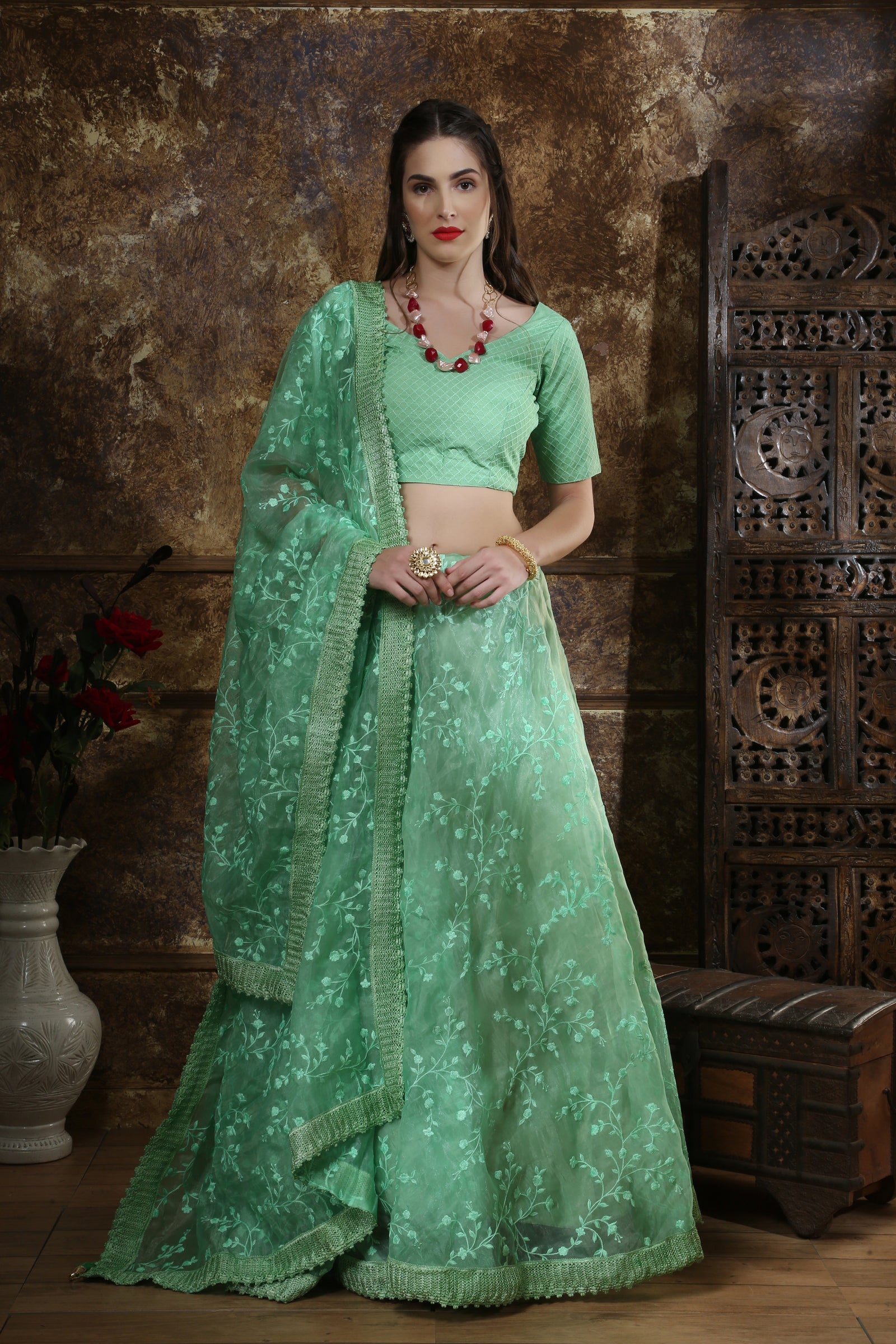 Mint Green Thread Embroidery Organza Silk Festive Wear Lehenga Choli With Dupatta ClothsVilla