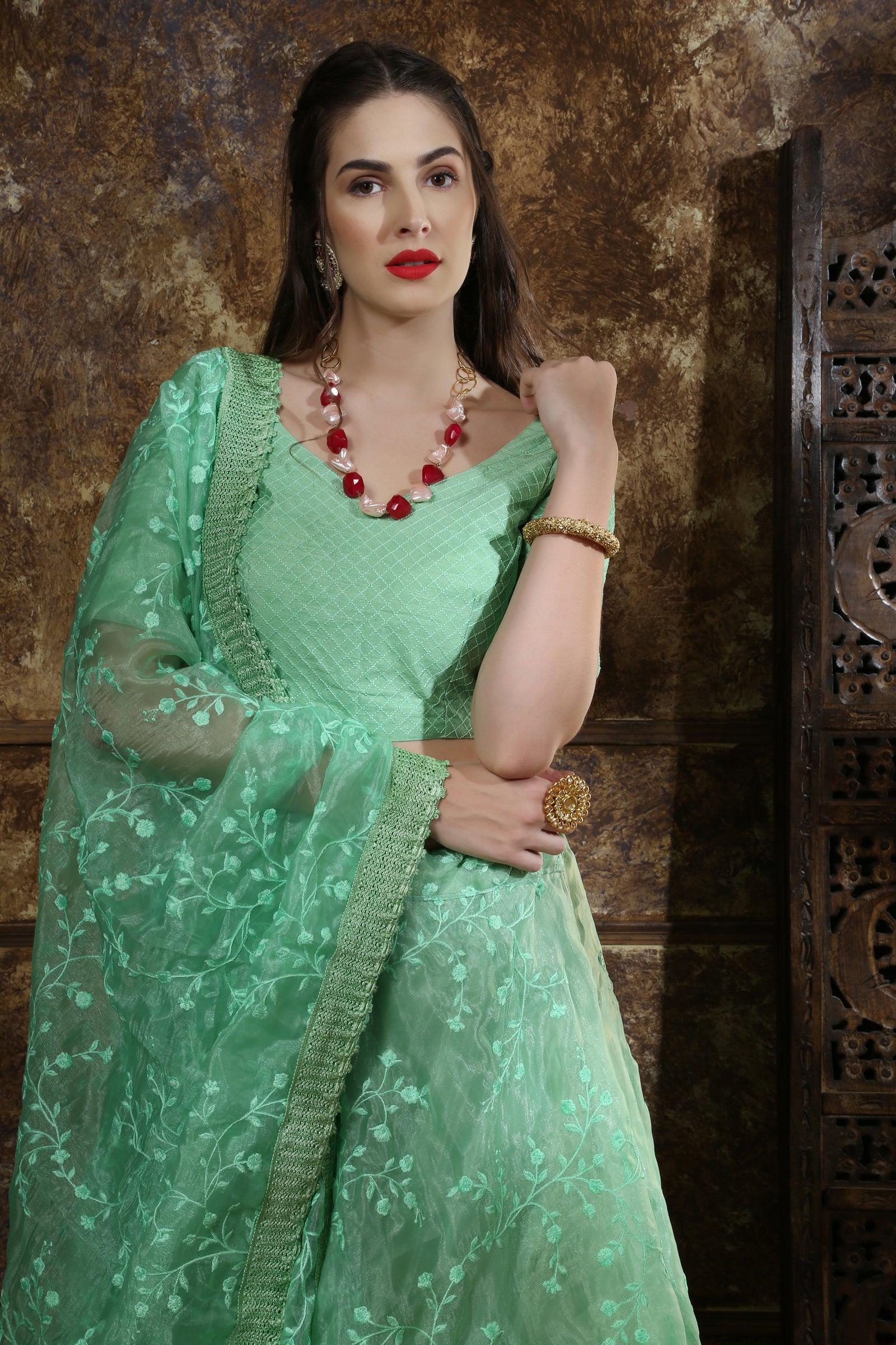Mint Green Thread Embroidery Organza Silk Festive Wear Lehenga Choli With Dupatta ClothsVilla
