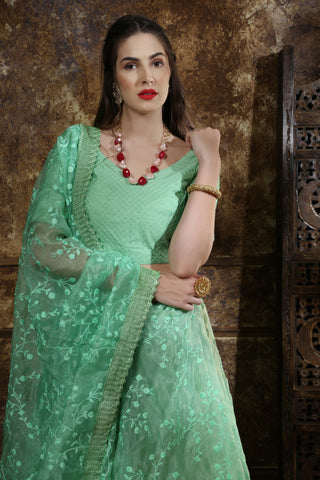 Mint Green Thread Embroidery Organza Silk Festive Wear Lehenga Choli With Dupatta ClothsVilla