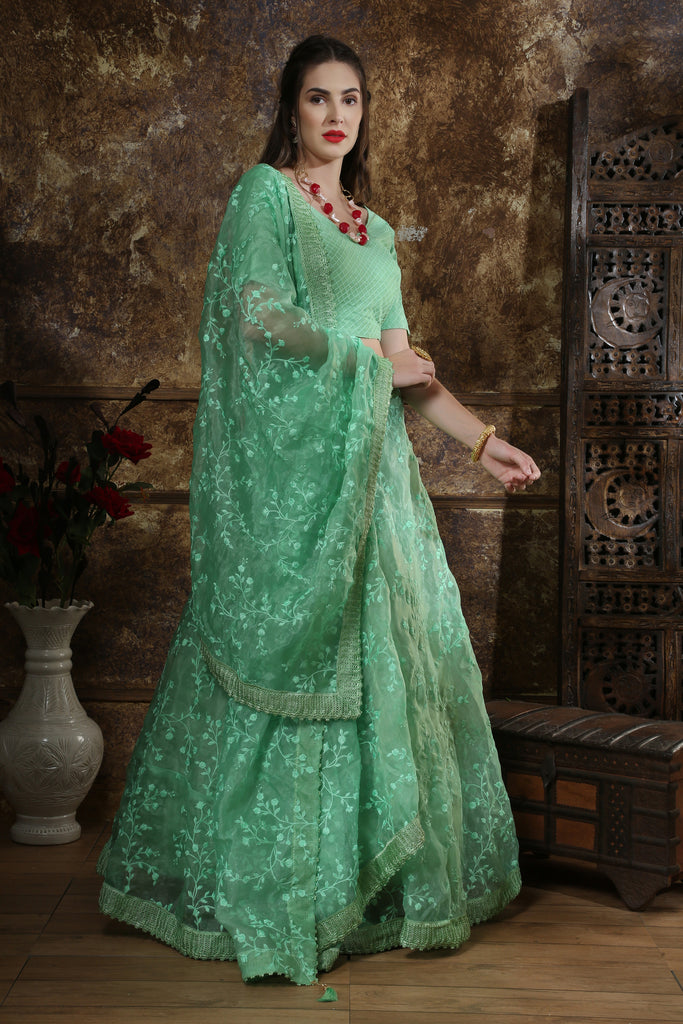 Mint Green Thread Embroidery Organza Silk Festive Wear Lehenga Choli With Dupatta ClothsVilla