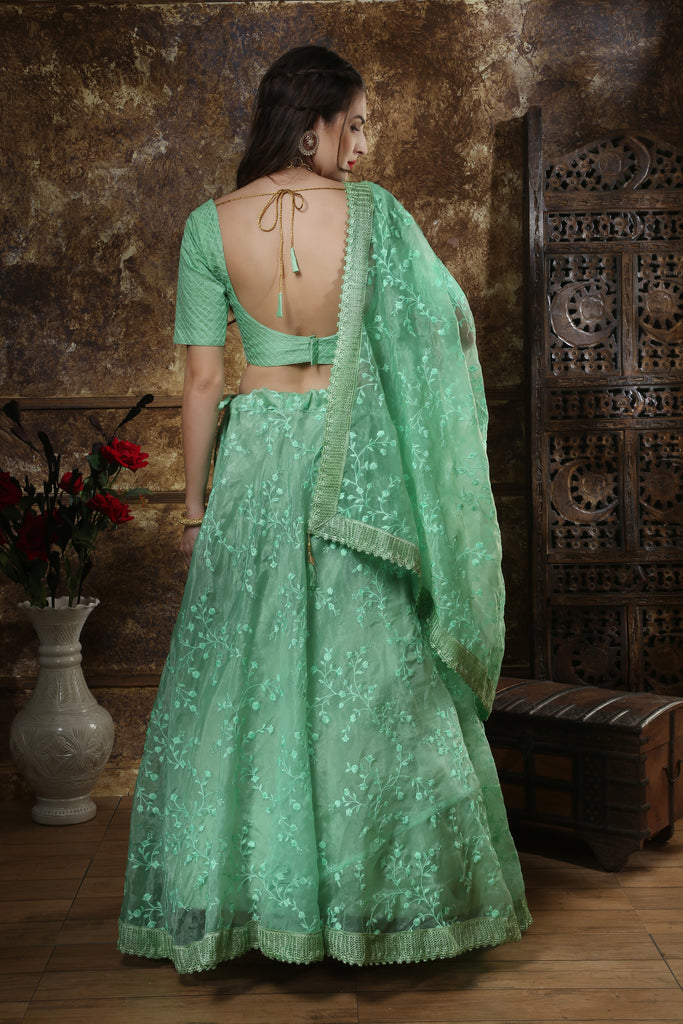 Mint Green Thread Embroidery Organza Silk Festive Wear Lehenga Choli With Dupatta ClothsVilla