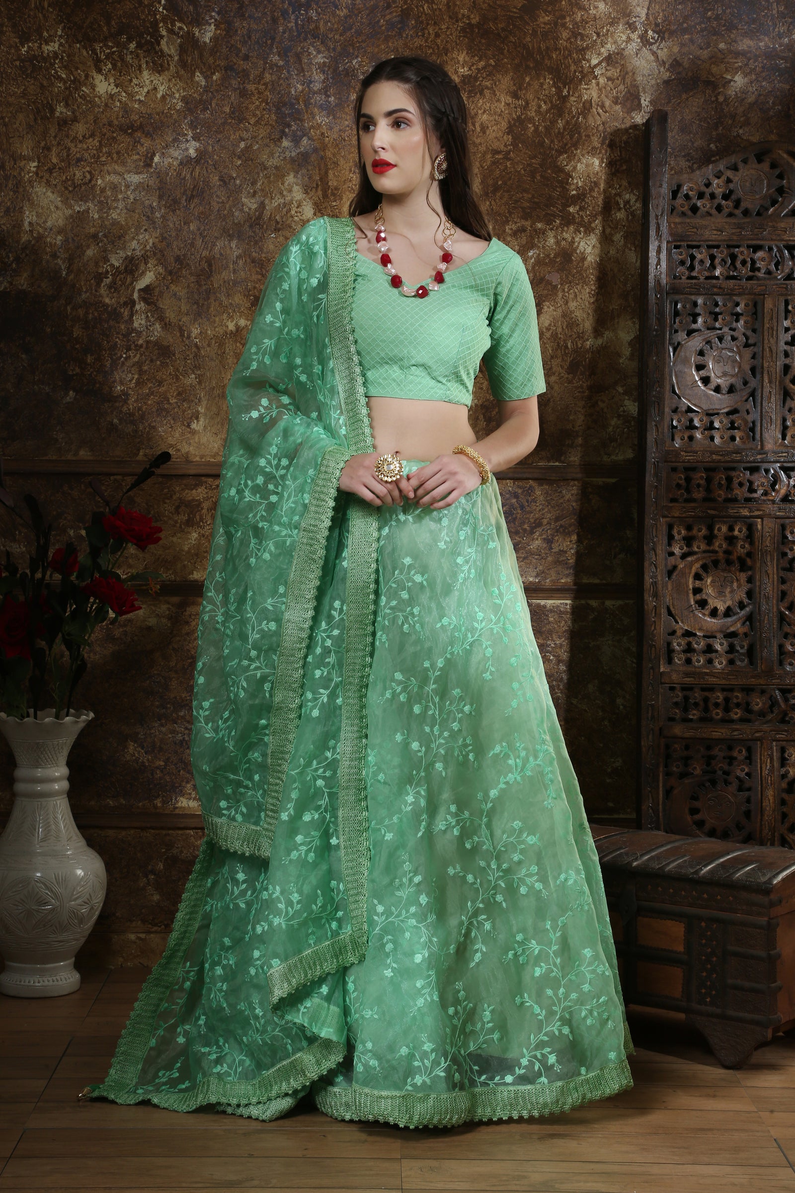 Mint Green Thread Embroidery Organza Silk Festive Wear Lehenga Choli With Dupatta ClothsVilla