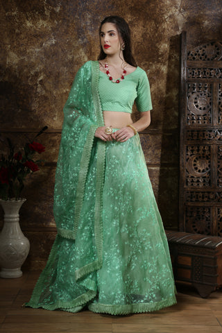 Mint Green Thread Embroidery Organza Silk Festive Wear Lehenga Choli With Dupatta ClothsVilla