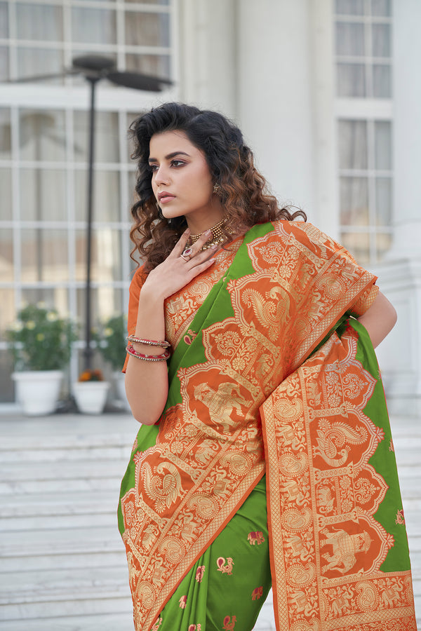 Miraculous Green Zari Weaving Banarasi Silk Wedding Wear Saree ClothsVilla