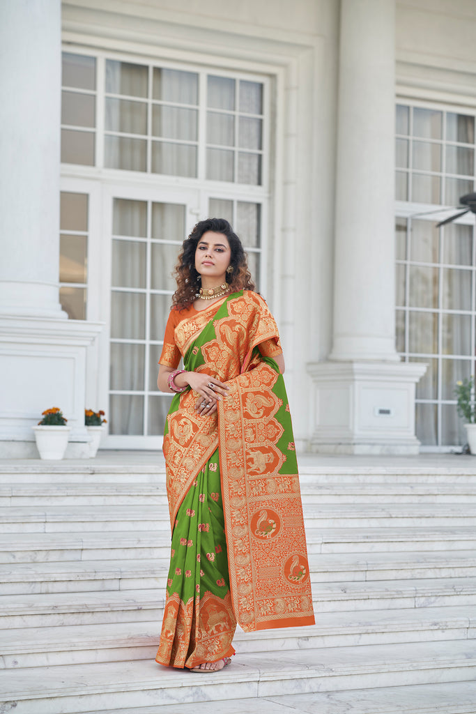 Miraculous Green Zari Weaving Banarasi Silk Wedding Wear Saree ClothsVilla