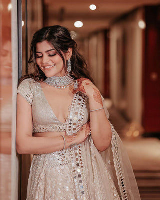 Mirror Work Georgette Elegant Off-White Lehenga Choli Clothsvilla
