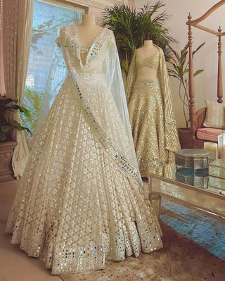 Mirror Work Georgette Elegant Off-White Lehenga Choli Clothsvilla