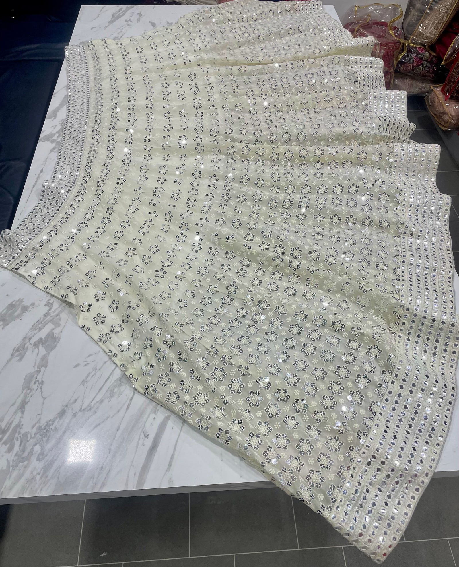 Mirror Work Georgette Elegant Off-White Lehenga Choli Clothsvilla