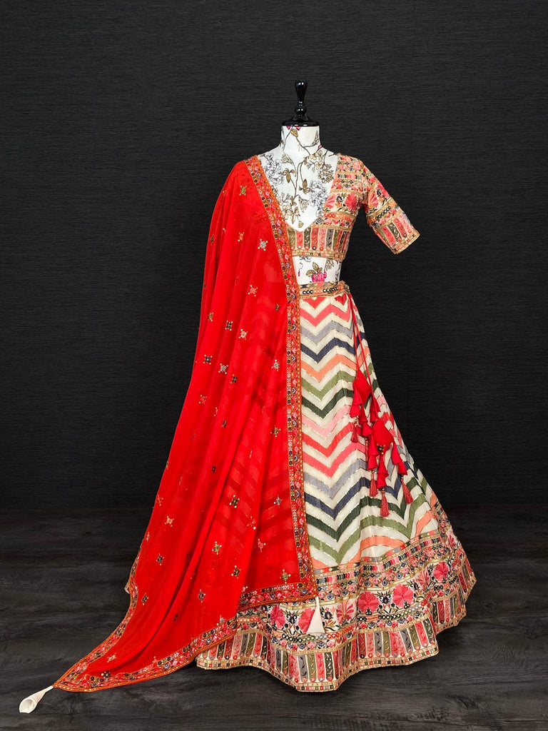 Multi Color Thread & Sequins Embroidery Work Georgette Heavy Lehenga Choli Set With Dupatta Clothsvilla