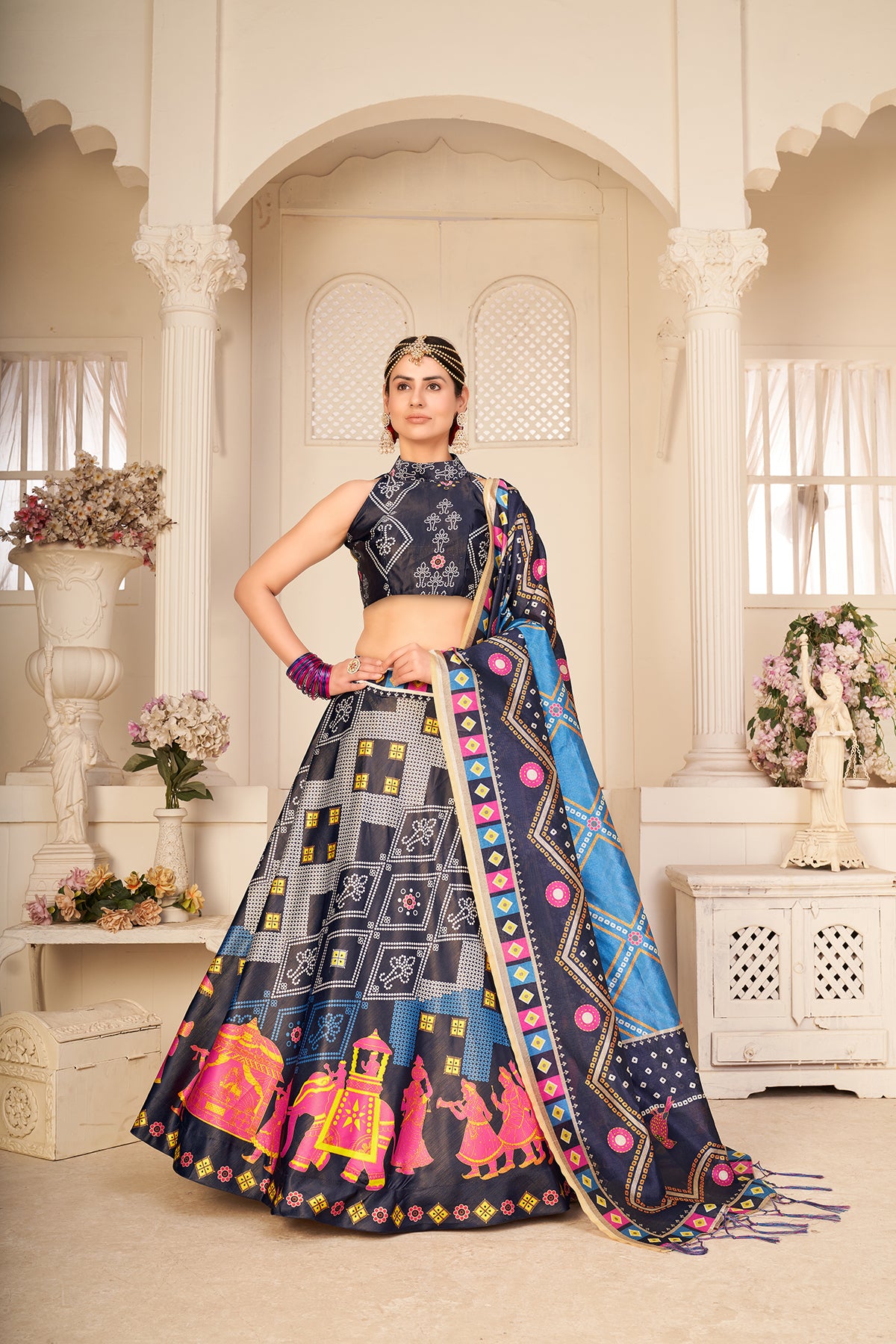 Multicolor Silk Wedding Lehenga Choli In Digital Print ClothsVilla Main image