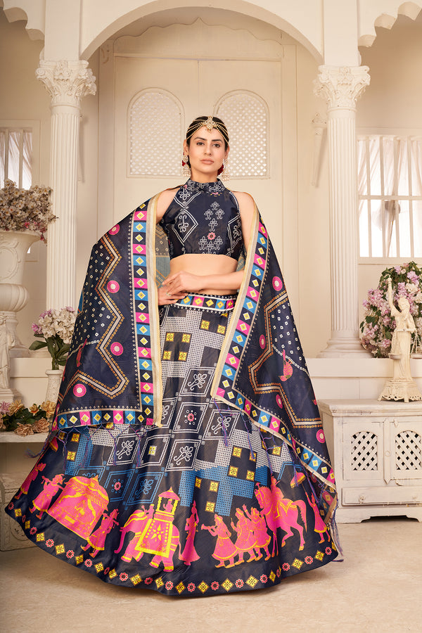 Multicolor Silk Wedding Lehenga Choli In Digital Print ClothsVilla