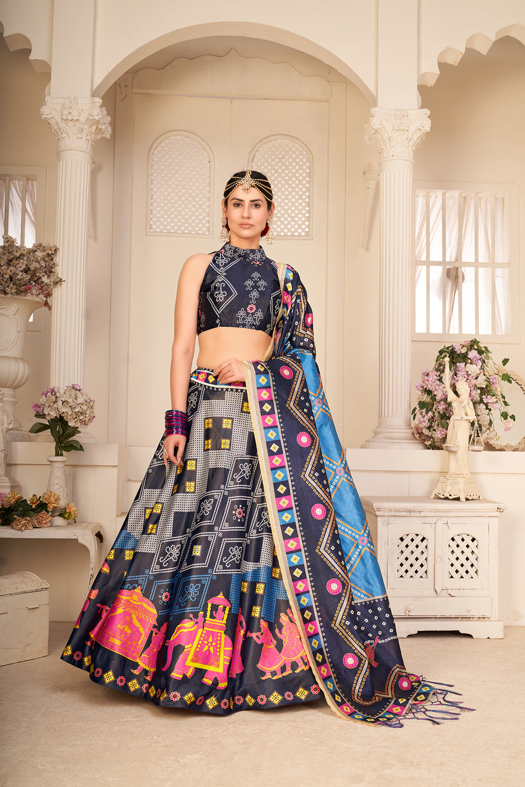 Multicolor Silk Wedding Lehenga Choli In Digital Print ClothsVilla