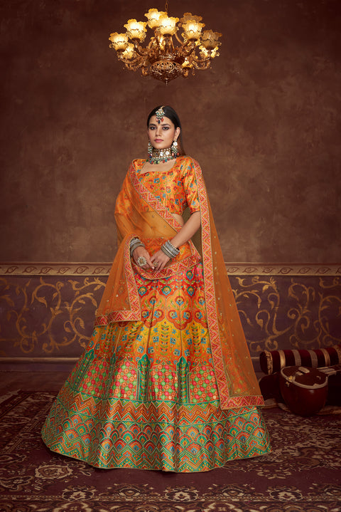 Multicolored Soft Art Silk Embroidered Umbrella Lehenga Wedding Wear ClothsVilla Main image