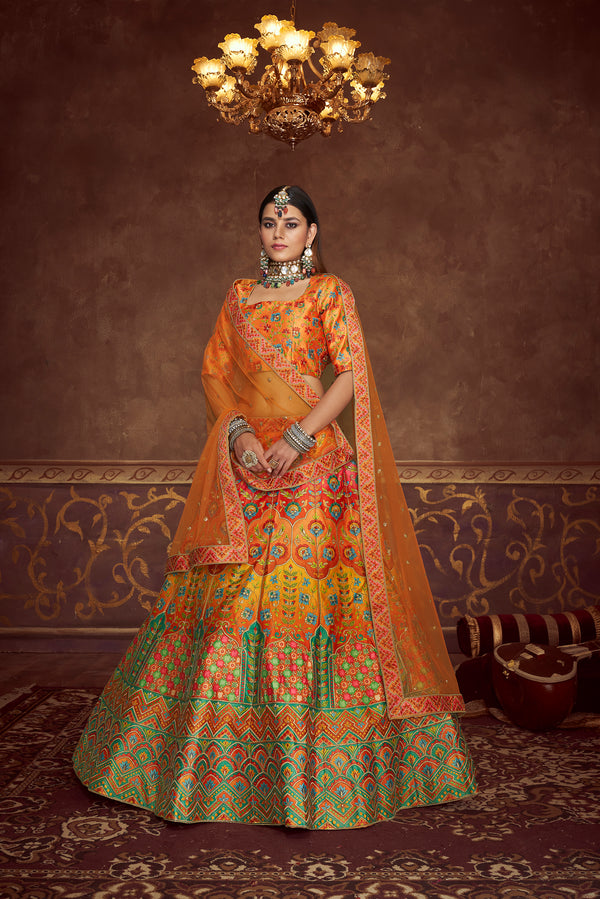 Multicolored Soft Art Silk Embroidered Umbrella Lehenga Wedding Wear ClothsVilla