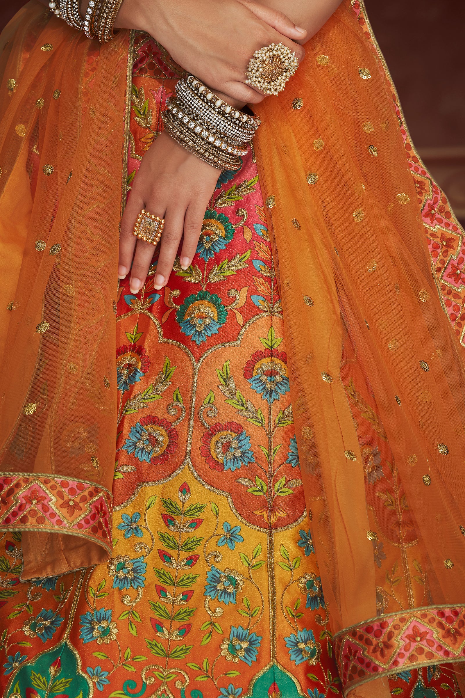 Multicolored Soft Art Silk Embroidered Umbrella Lehenga Wedding Wear ClothsVilla