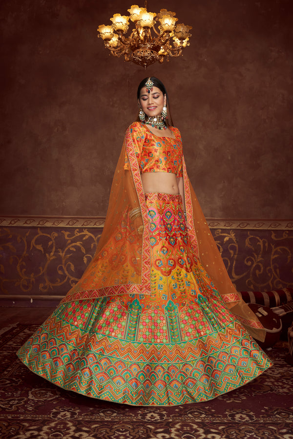 Multicolored Soft Art Silk Embroidered Umbrella Lehenga Wedding Wear ClothsVilla