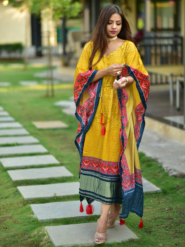 Mustard Color Digital Bandhej Print Pure Gaji Silk Kaftan Clothsvilla