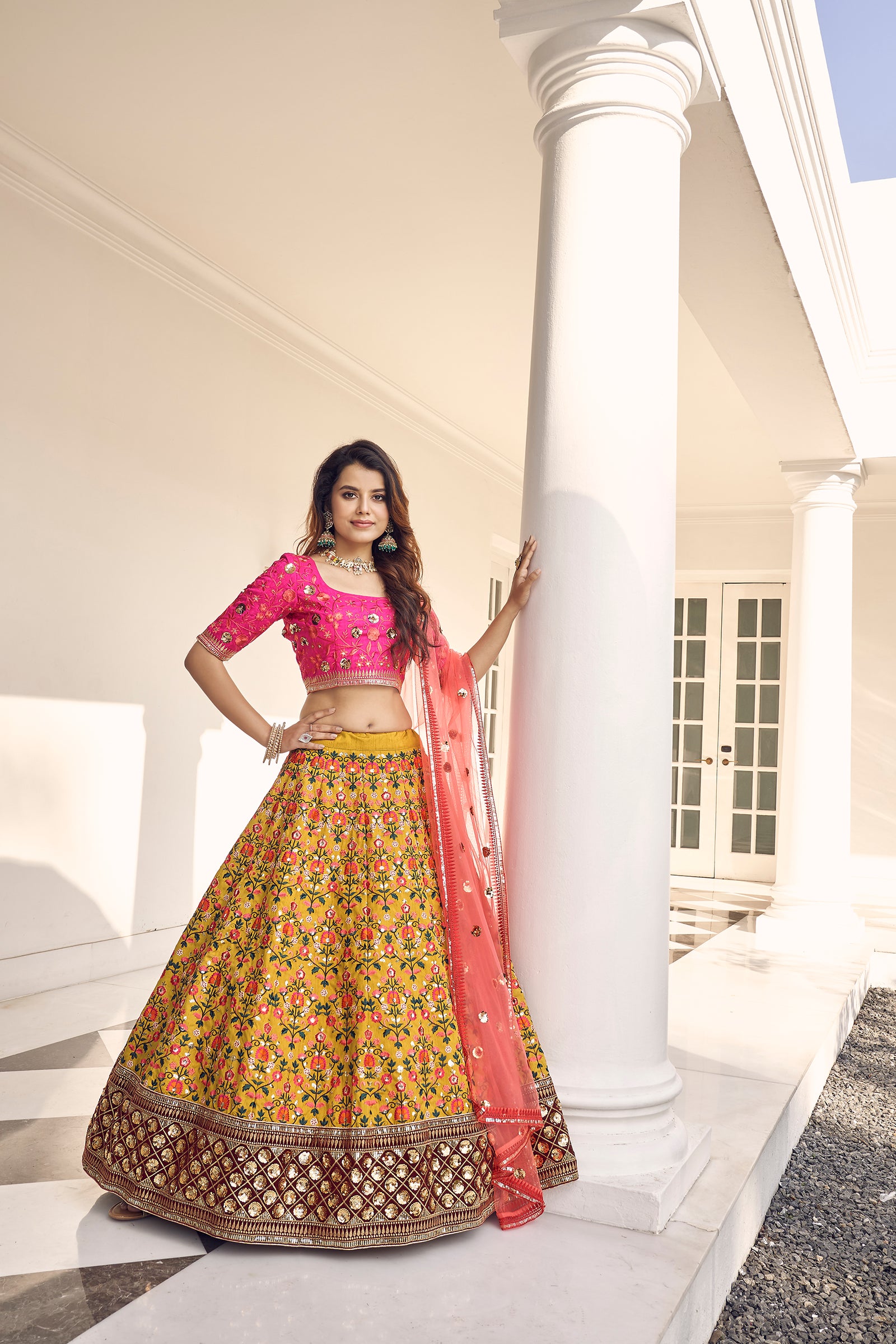 Mustard-Yellow & Pink Thread With Sequins Embroidered Art Silk Semi Stitched Party Wear Lehenga ClothsVilla