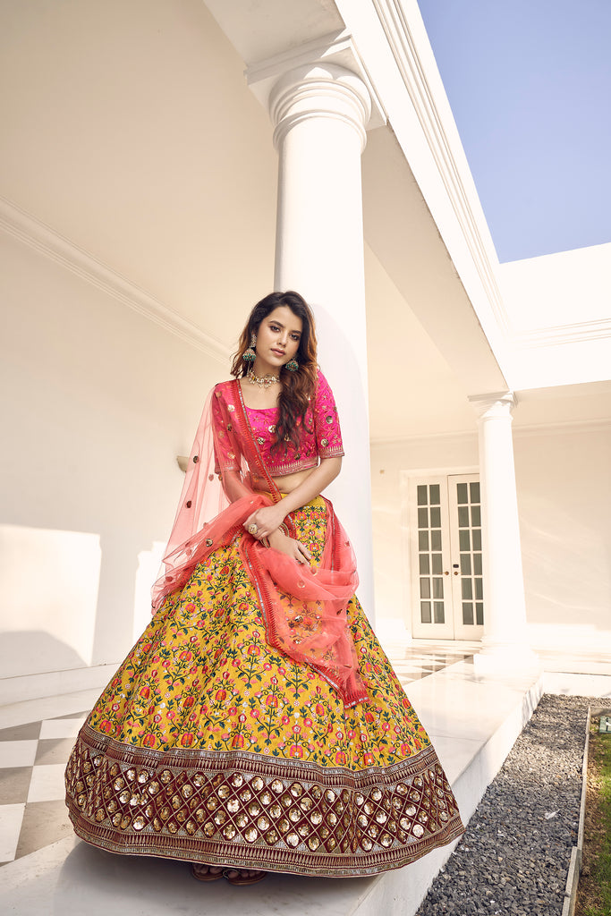 Mustard-Yellow & Pink Thread With Sequins Embroidered Art Silk Semi Stitched Party Wear Lehenga ClothsVilla
