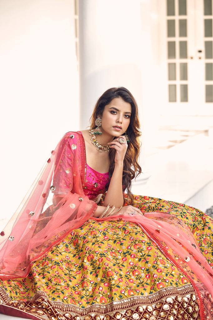 Mustard-Yellow & Pink Thread With Sequins Embroidered Art Silk Semi Stitched Party Wear Lehenga ClothsVilla