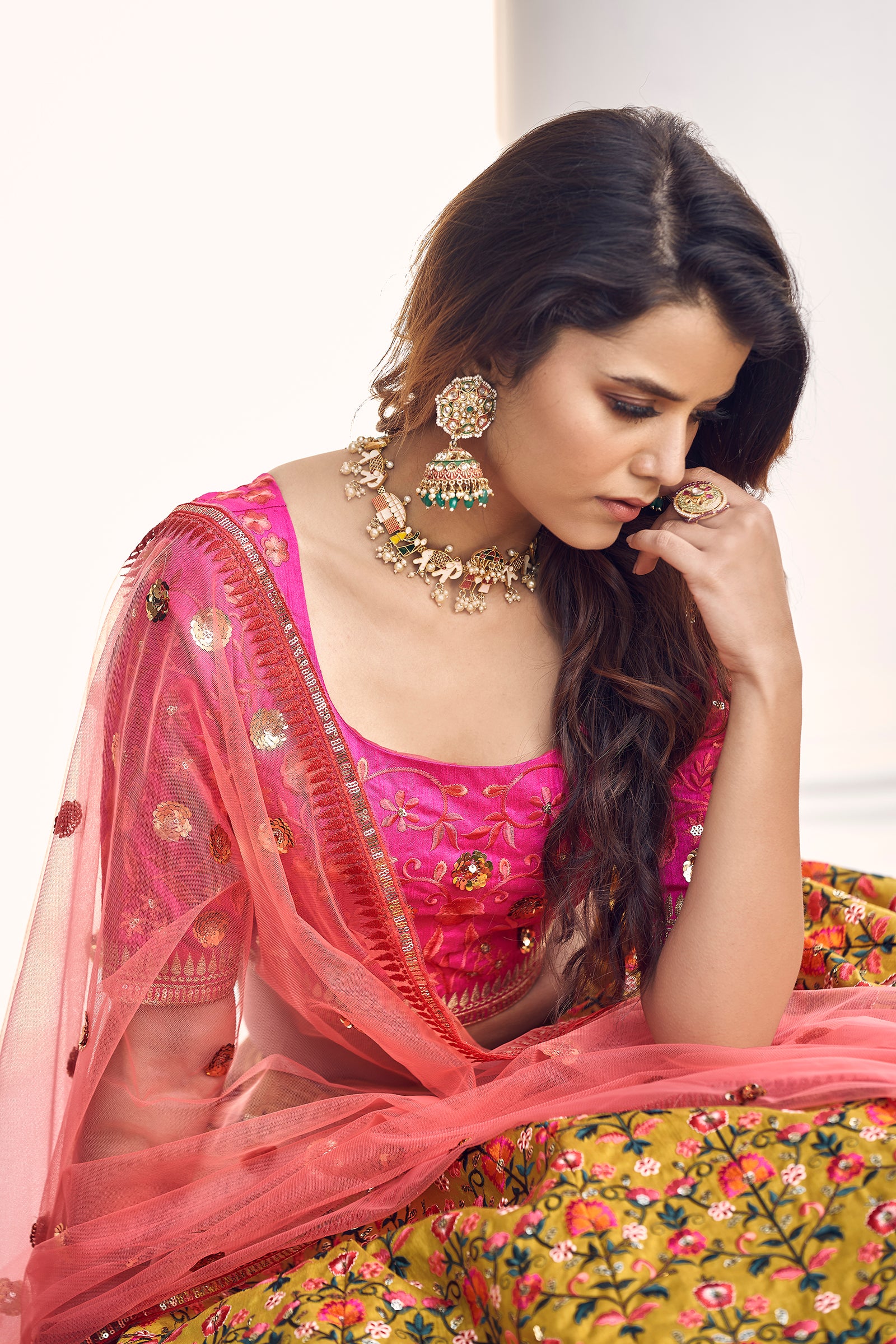 Mustard-Yellow & Pink Thread With Sequins Embroidered Art Silk Semi Stitched Party Wear Lehenga ClothsVilla