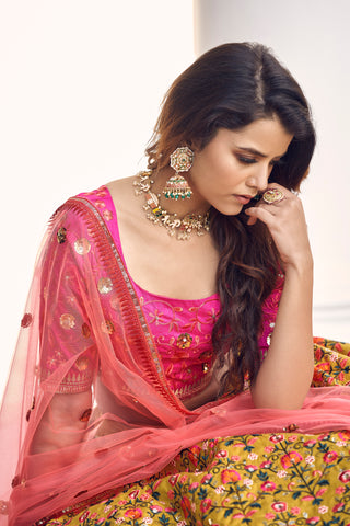 Mustard-Yellow & Pink Thread With Sequins Embroidered Art Silk Semi Stitched Party Wear Lehenga ClothsVilla