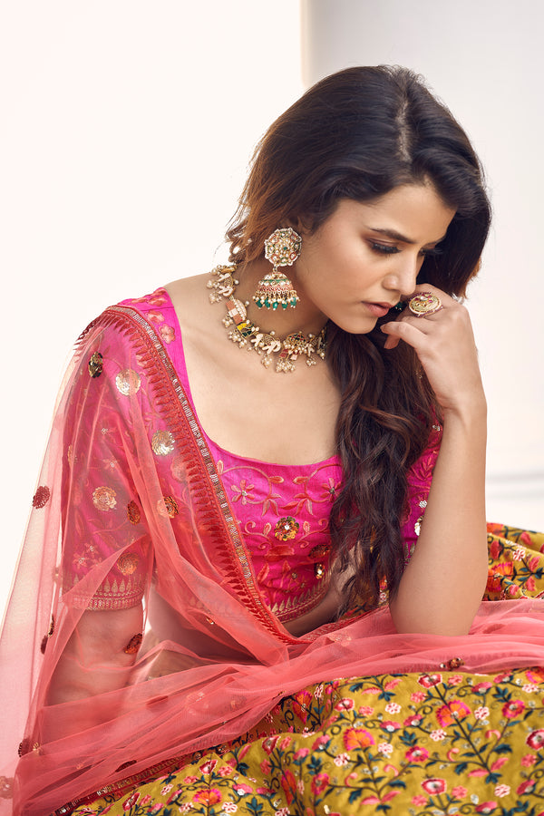 Mustard-Yellow & Pink Thread With Sequins Embroidered Art Silk Semi Stitched Party Wear Lehenga ClothsVilla