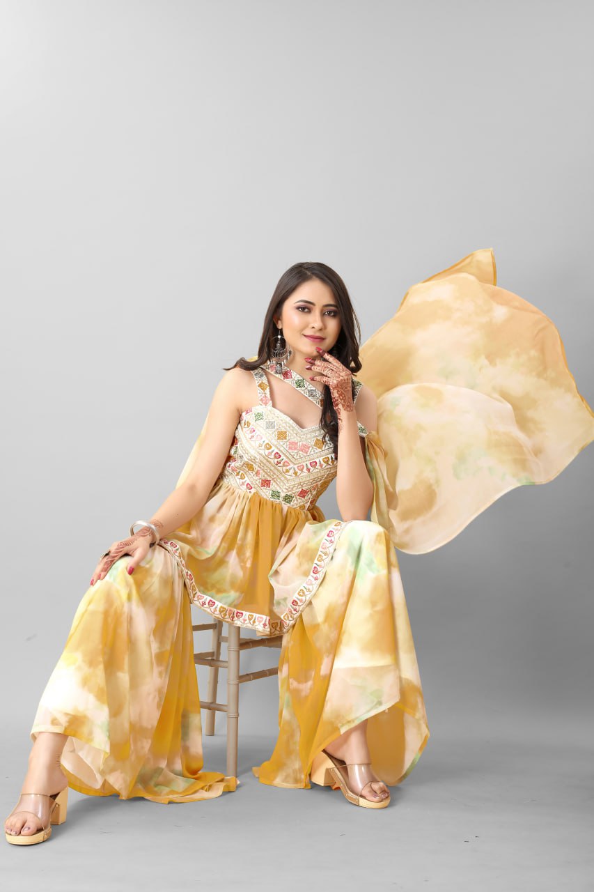 Mustard Color Tie Dye Thread Sequence Work Sharara Suit Clothsvilla