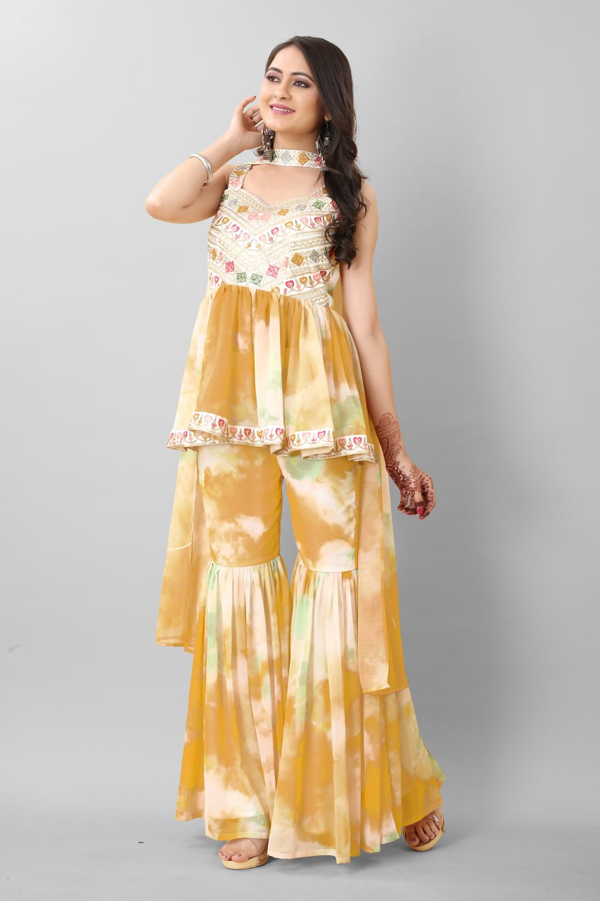 Mustard Color Tie Dye Thread Sequence Work Sharara Suit Clothsvilla