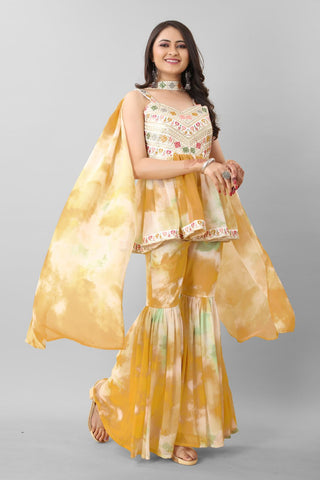 Mustard Color Tie Dye Thread Sequence Work Sharara Suit Clothsvilla