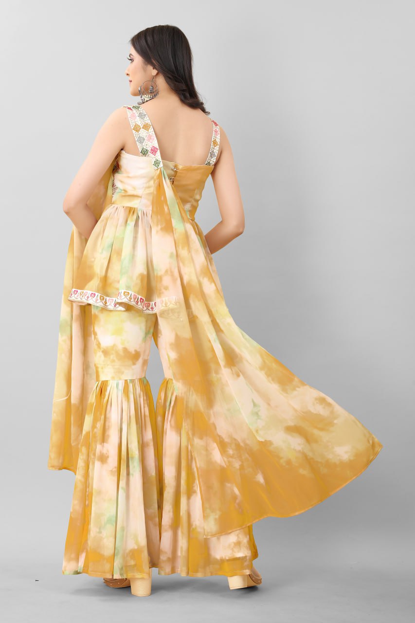 Mustard Color Tie Dye Thread Sequence Work Sharara Suit Clothsvilla