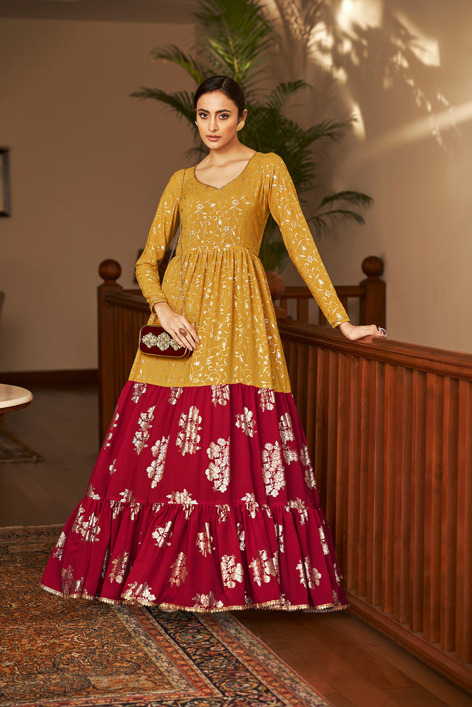 Mustard Yellow & Rani Pink Metallic Foilage Print George Mustard Yellow & Rani Pink Metallic Foilage Print George