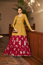 Load image into Gallery viewer, Mustard Yellow &amp; Rani Pink Metallic Foilage Print Georgette Anarkali Long Gown Semi Stitched ClothsVilla