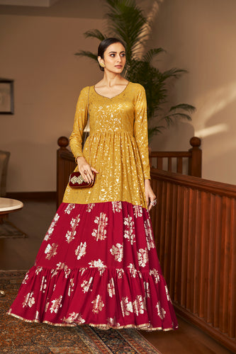 Mustard Yellow & Rani Pink Metallic Foilage Print Georgette Anarkali Long Gown Semi Stitched ClothsVilla