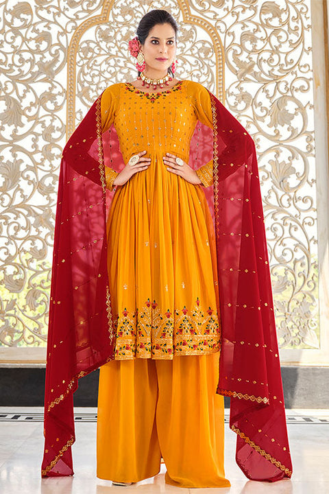 Mustard Yellow Georgette Thread And Sequins Embroidered Kurta Palazzo Set ClothsVilla.com Main image
