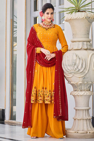 Mustard Yellow Georgette Thread And Sequins Embroidered Kurta Palazzo Set ClothsVilla.com