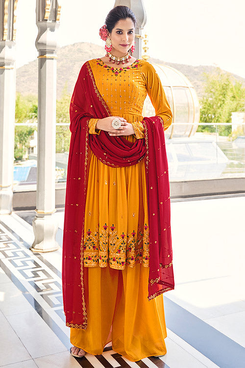 Mustard Yellow Georgette Thread And Sequins Embroidered Kurta Palazzo Set ClothsVilla.com