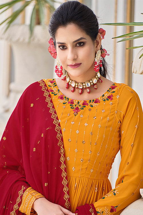 Mustard Yellow Georgette Thread And Sequins Embroidered Kurta Palazzo Set ClothsVilla.com