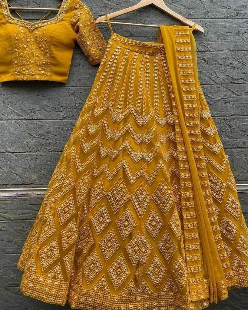 Mustered Yellow Lehenga Choli in Georgette With Embroidery Work Clothsvilla