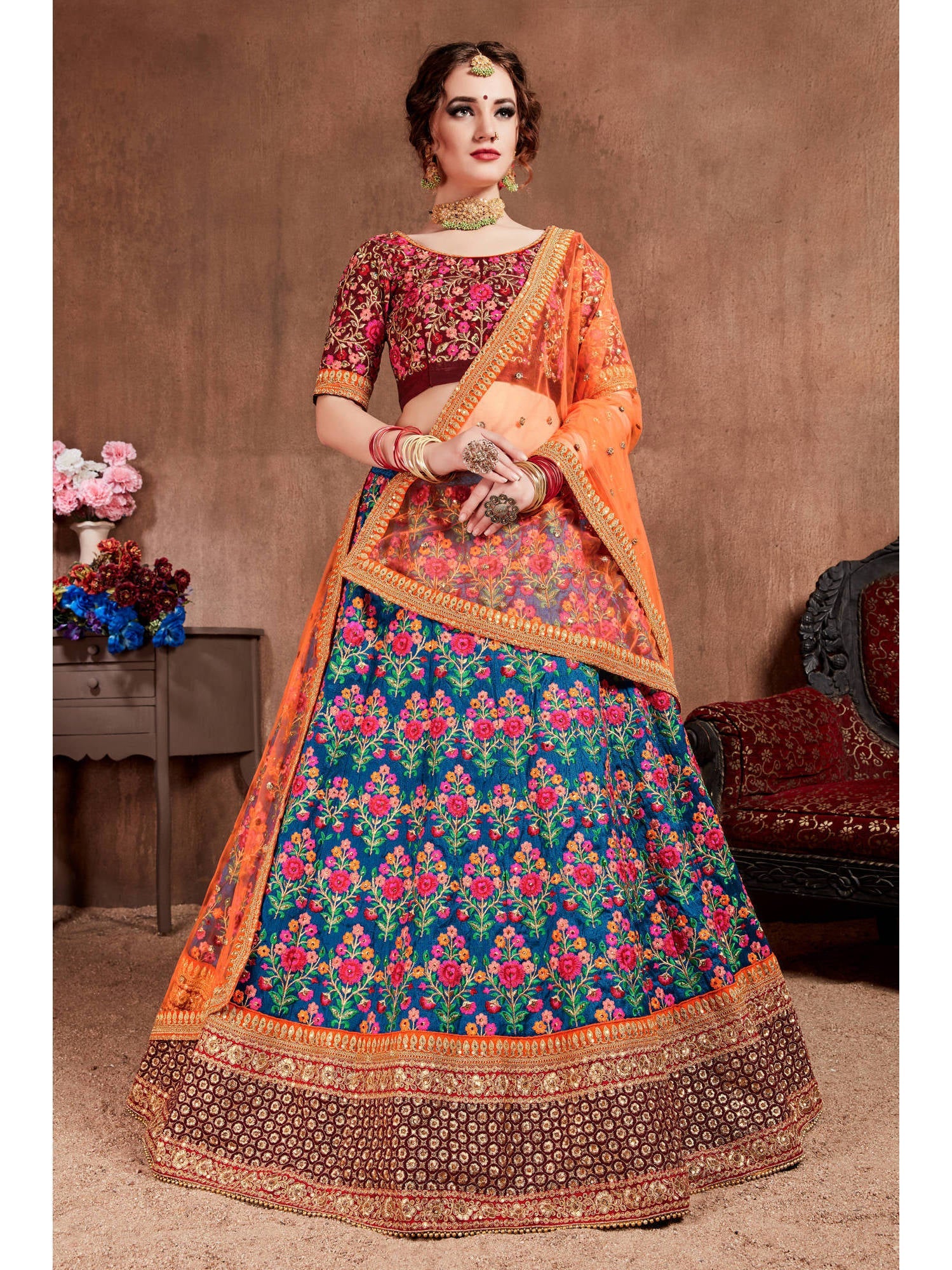 Intricate Navy Blue Colored Bridal wear Embroidered Lehenga Choli Clothsvilla