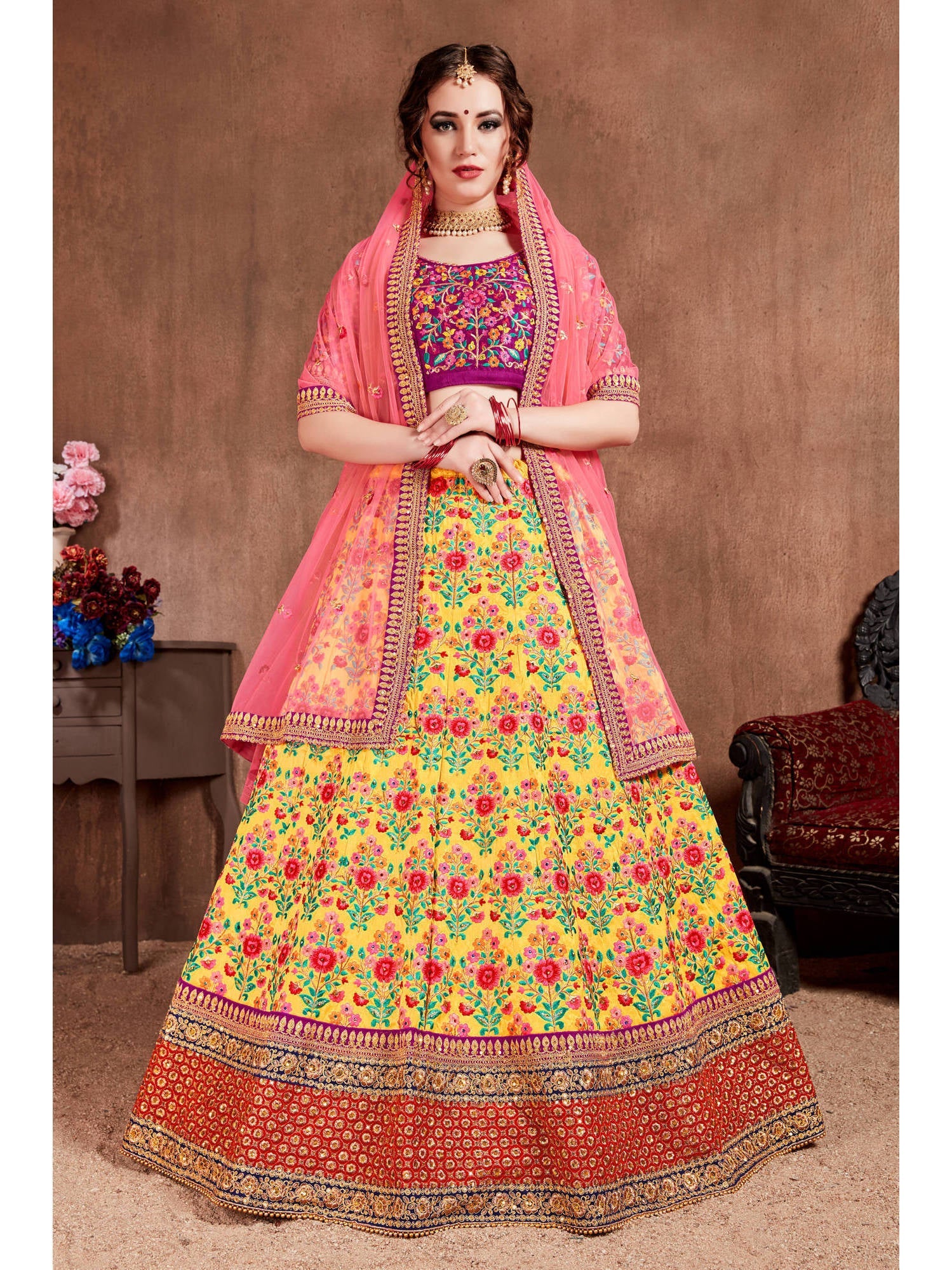 Yellow Banarasi Silk Lehenga With Pink Dupatta – Ethnos