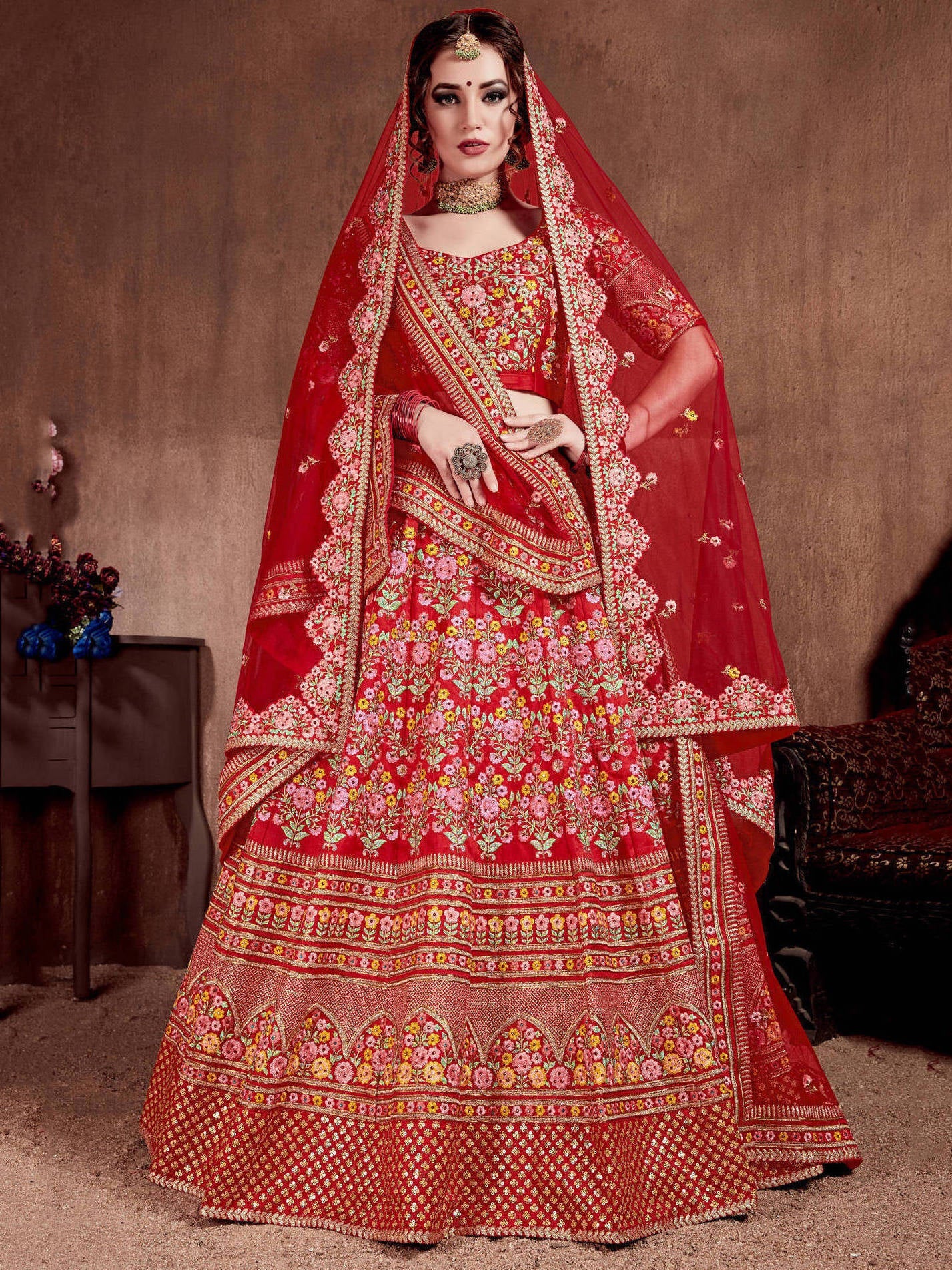 Flattering Red Colored Designer Bridal wear Embroidered Lehenga Choli Clothsvilla Main image