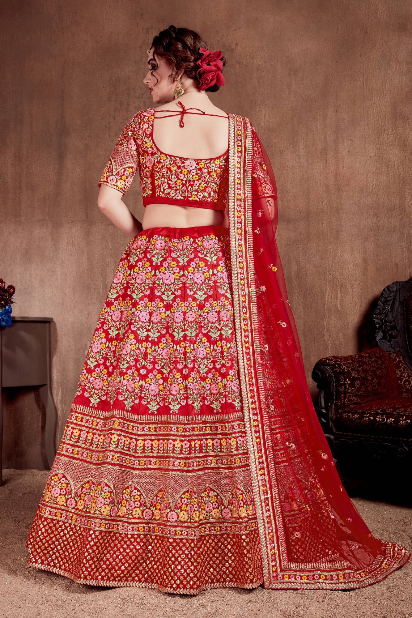 Flattering Red Colored Designer Bridal wear Embroidered Lehenga Choli Secondary image