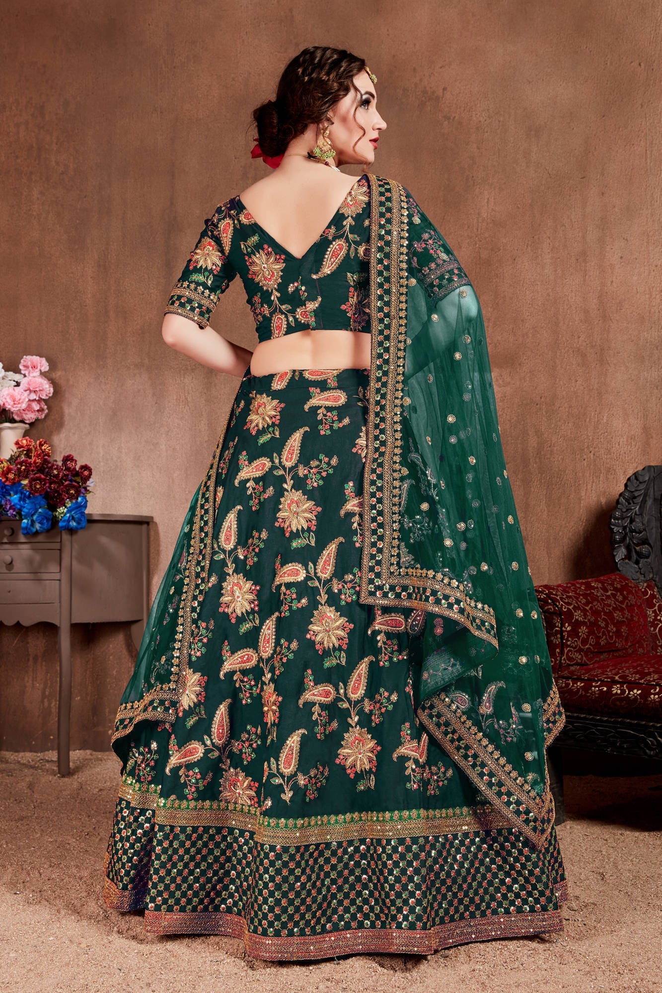 Ethnic Dark Green Colored Bridal Wear Designer Embroidered L