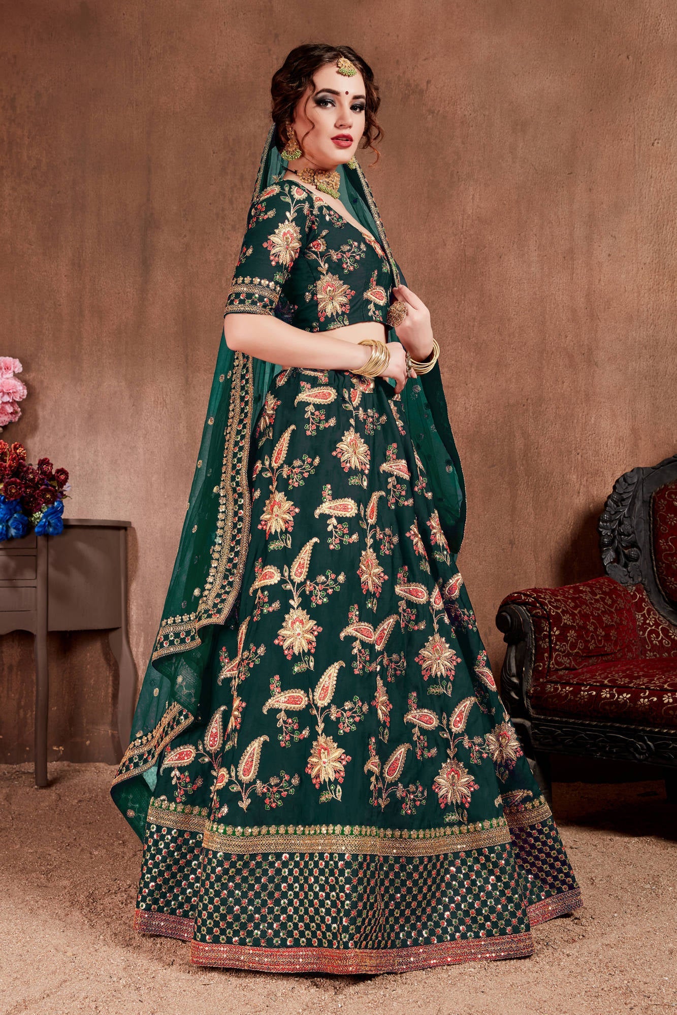 Ethnic Dark Green Colored Bridal Wear Designer Embroidered Lehenga choli Clothsvilla