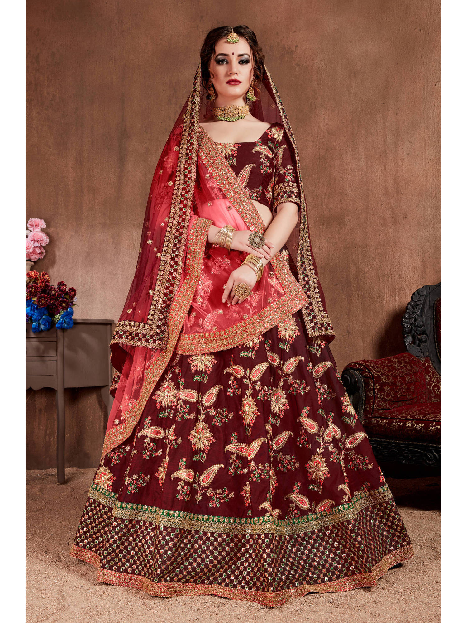 Blooming Dark Maroon Colored Bridal Wear Designer Embroidered Lehenga choli Clothsvilla